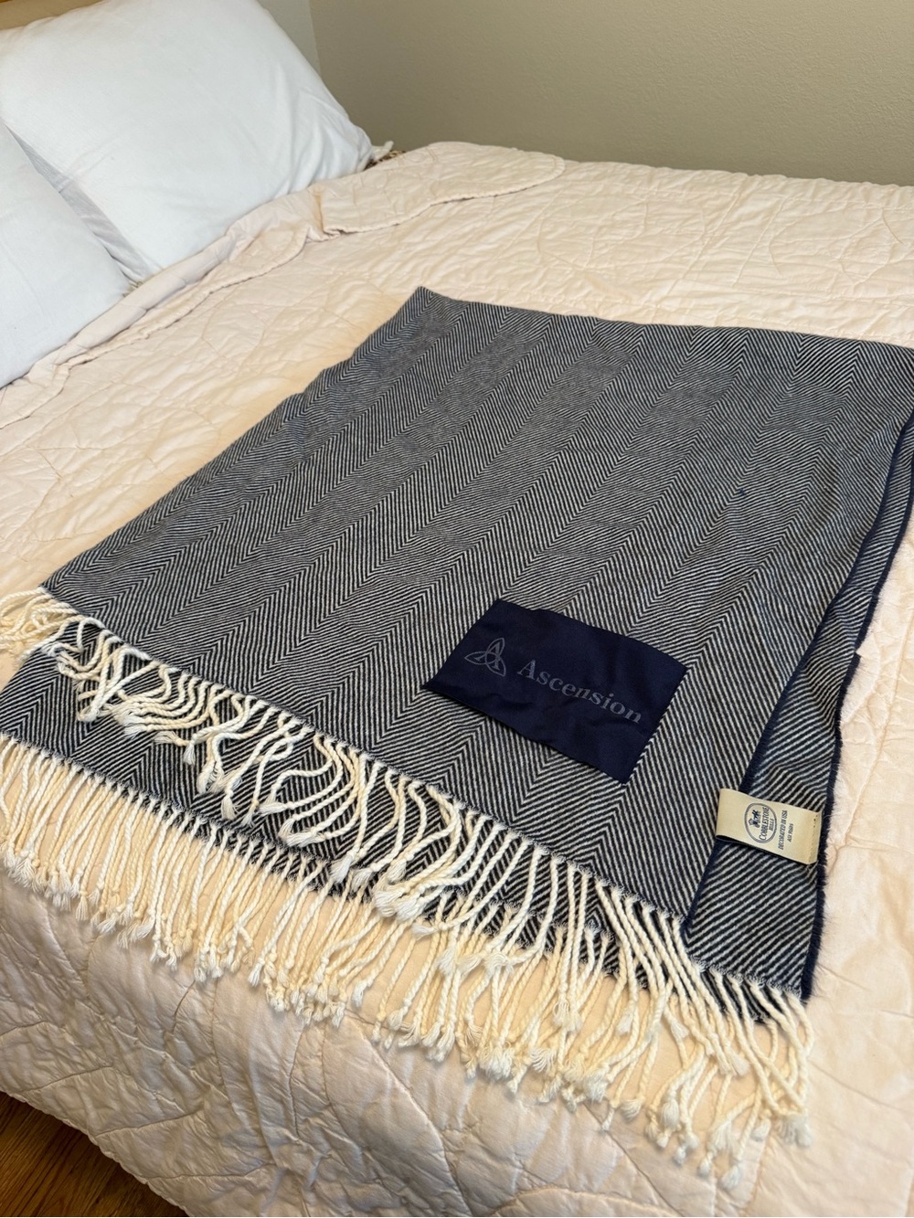 Navy and Cream Herringbone Throw with Fringe